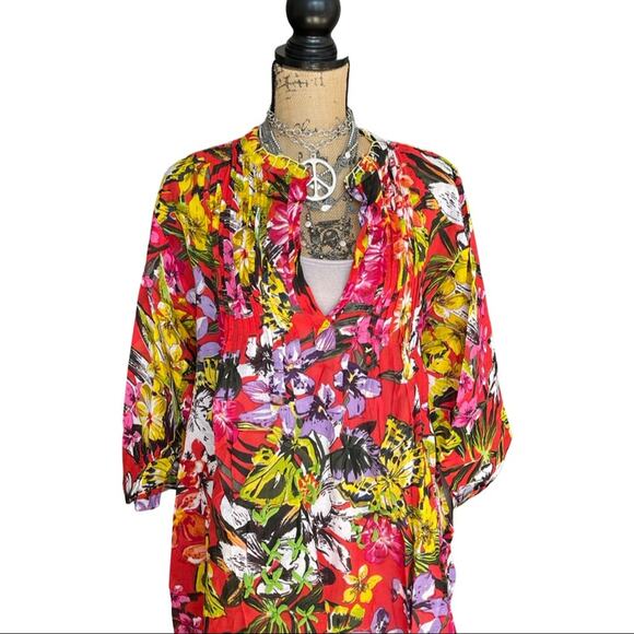 SPX TUNIC Swim cover up red floral PLUS SIZE top 3/4 sleeves size 50 style ELENA - Picture 10 of 10